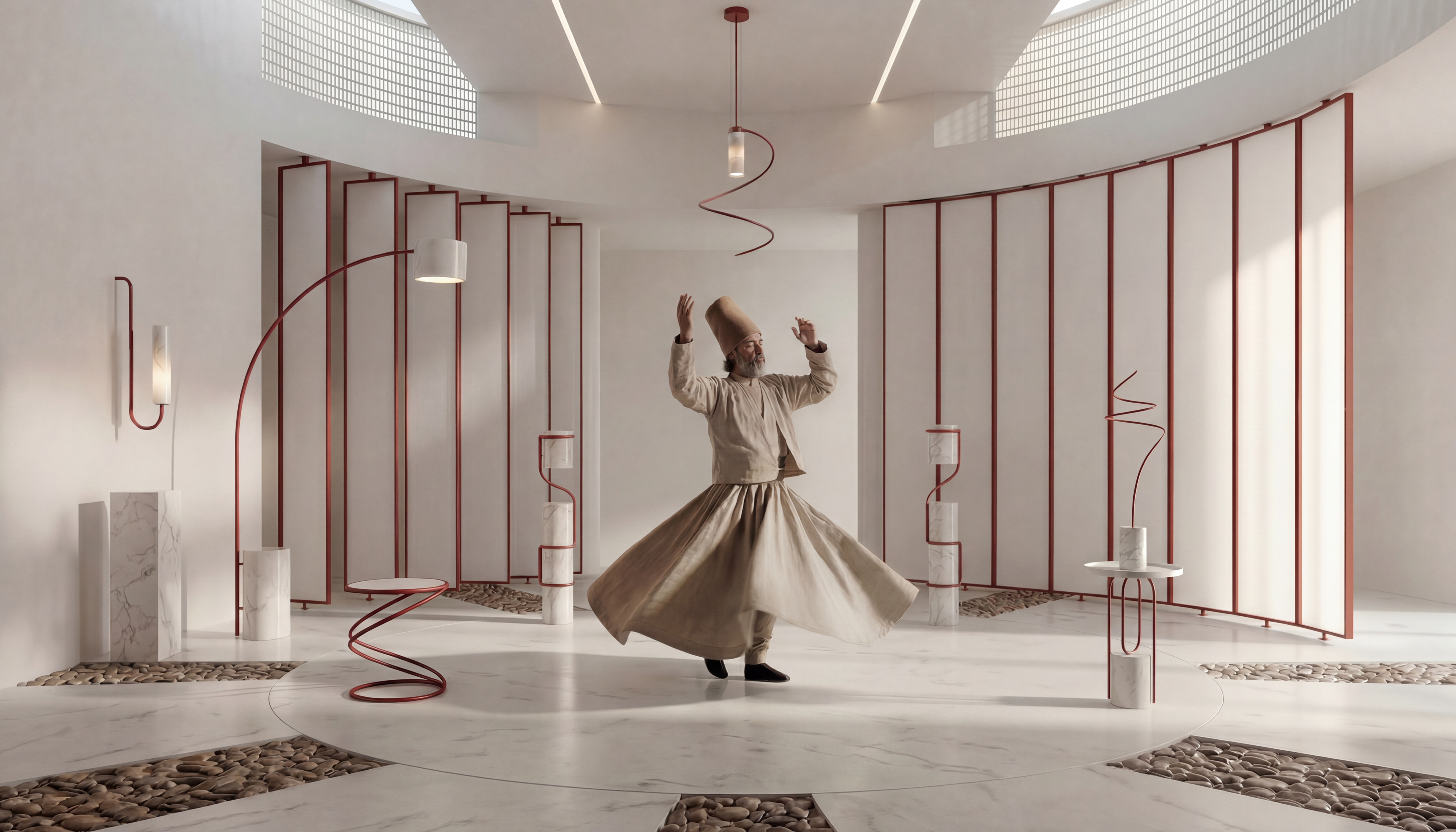 A whirling dervish among sculptural marble and steel lighting objects
