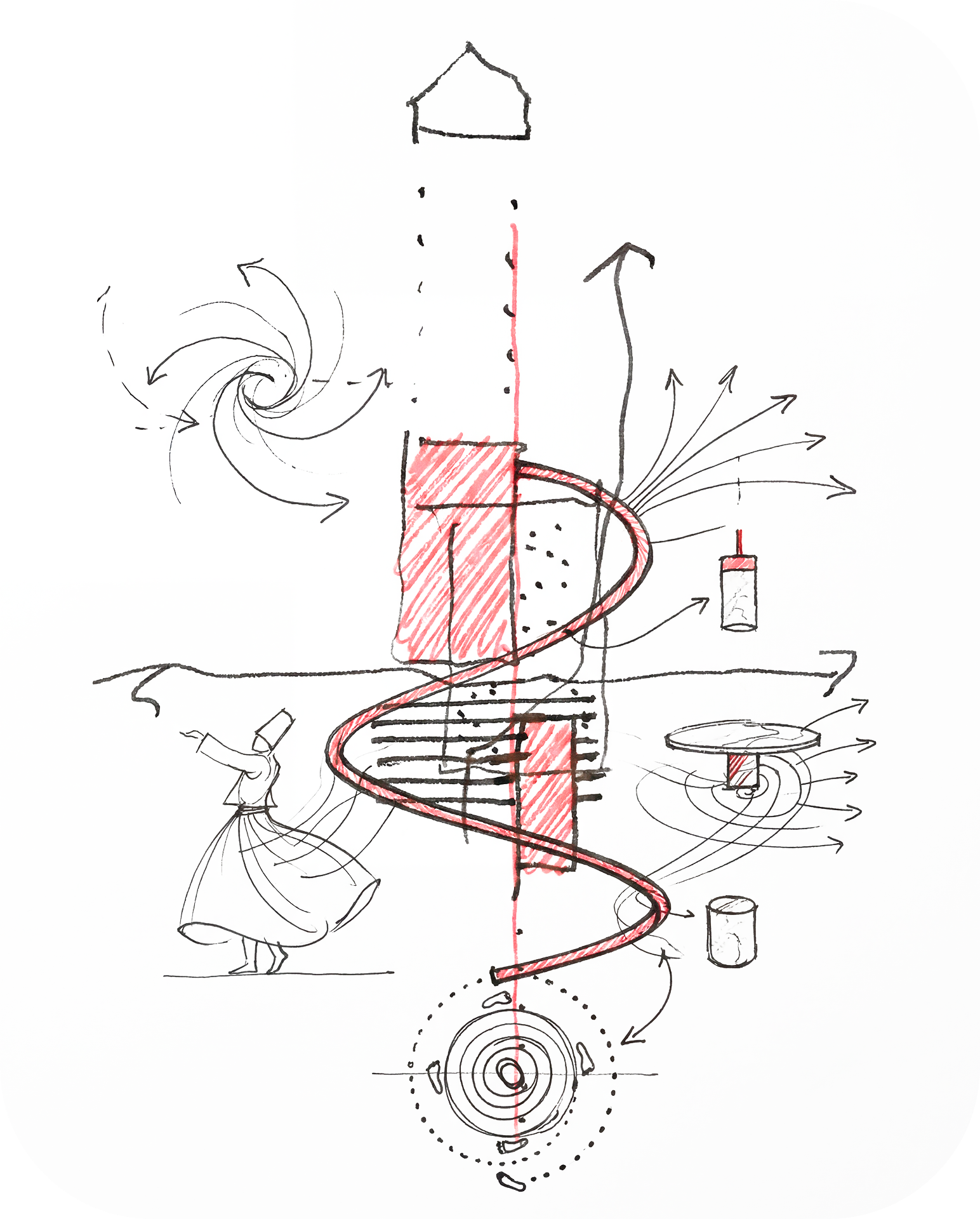 Study of the single continuous red line that runs through every piece