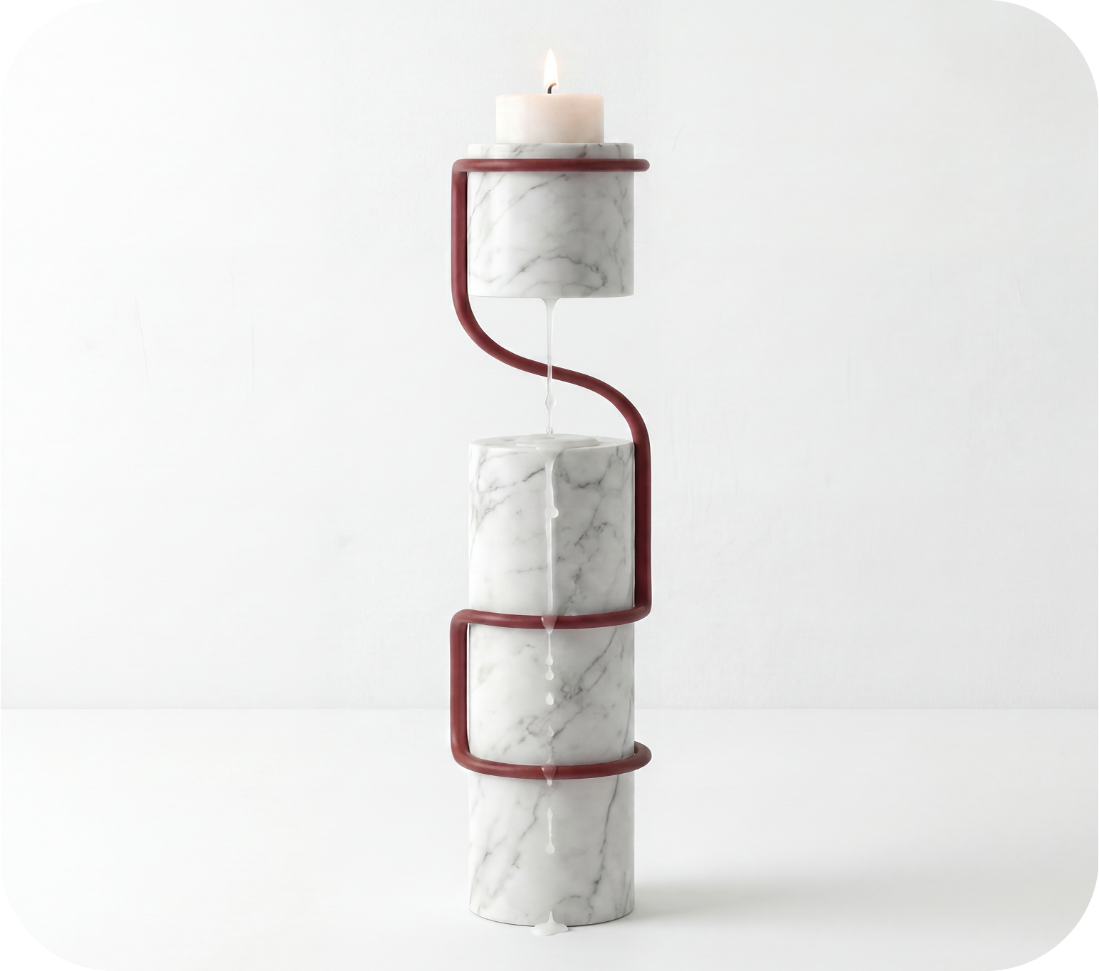 Vigil — candle object in marble and steel with a red line